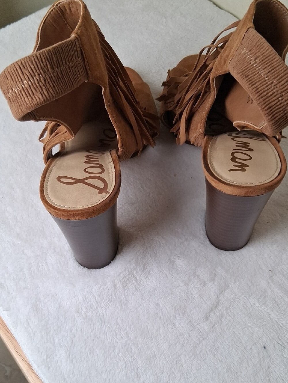 Sam Edelman Tan Suede Fringe Block Heel Sandals - Picture 3 of 5